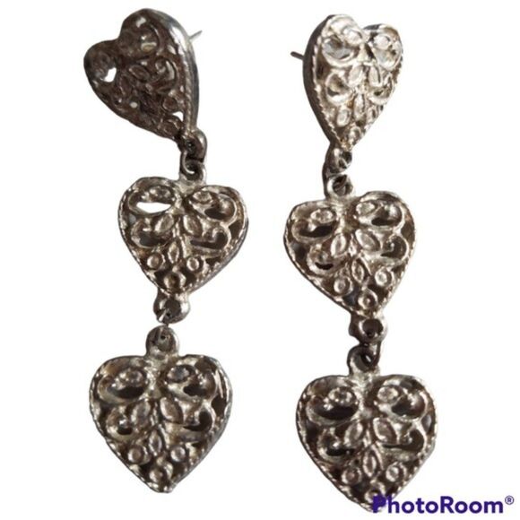 Vintage Silver Tone Three Heart Dangling Pierced Earrings - Picture 1 of 4